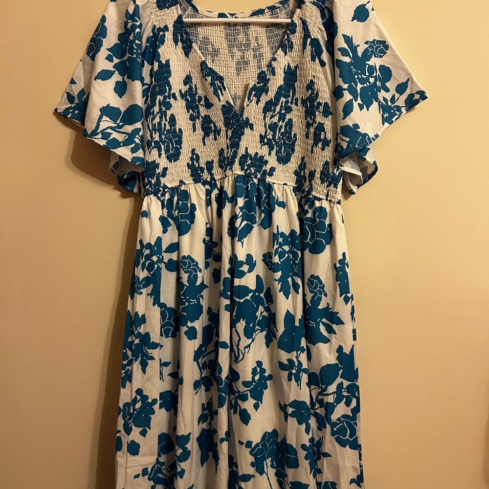 Floral Blue and White Midi Dress